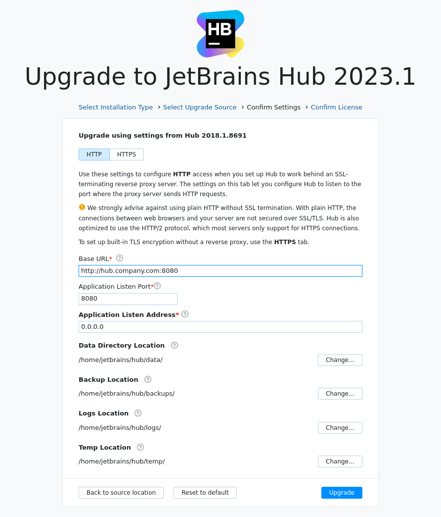 Hub ZIP Upgrade: Confirm settings