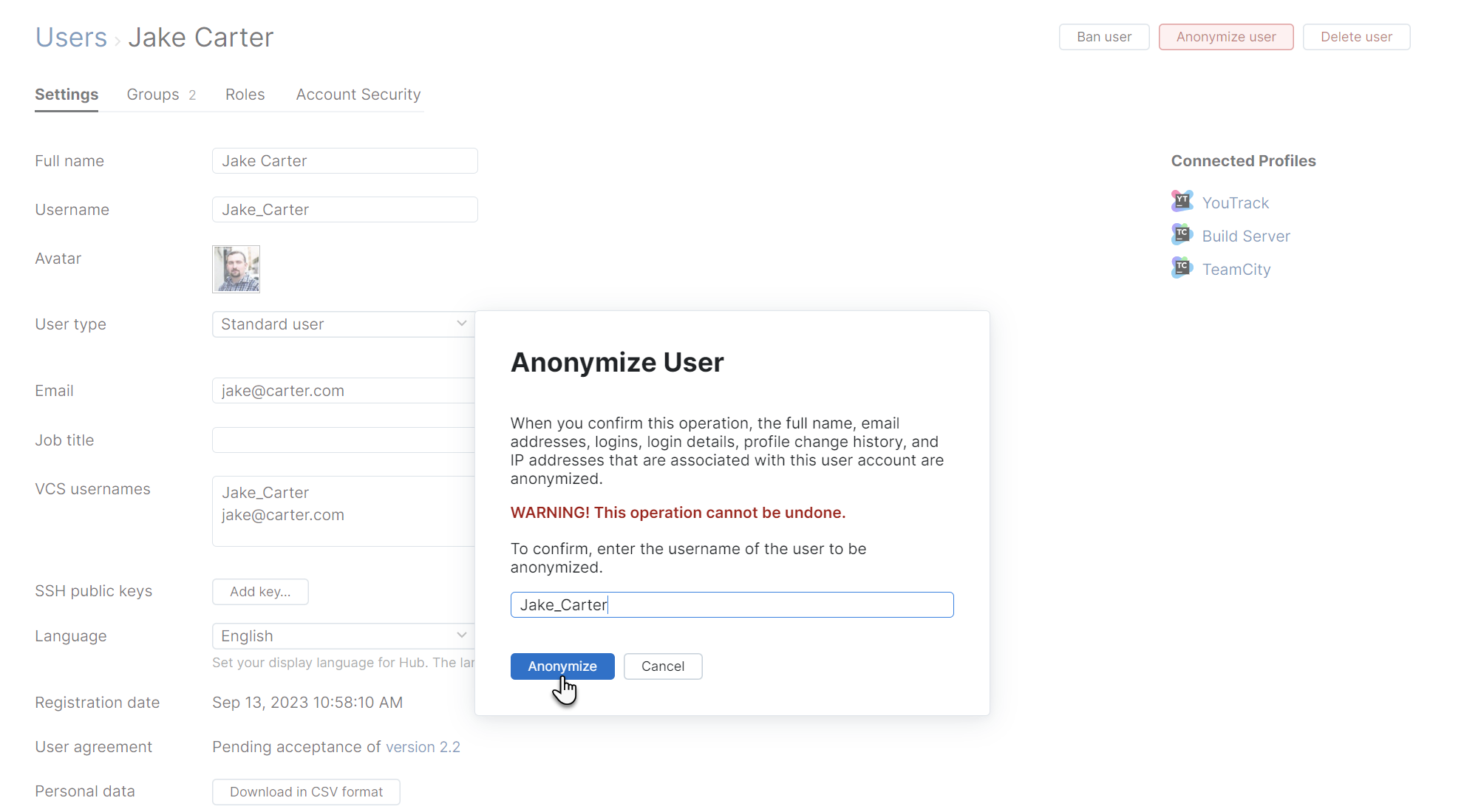 Anonymize user confirmation dialog.