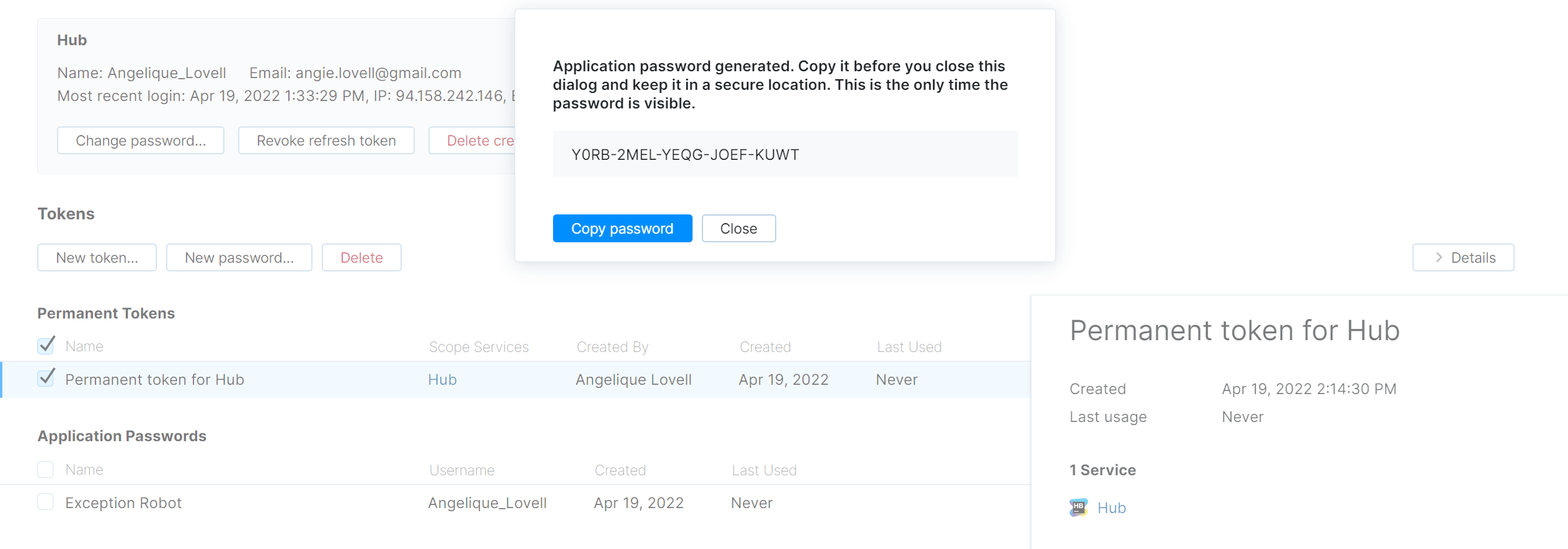 Application password generated