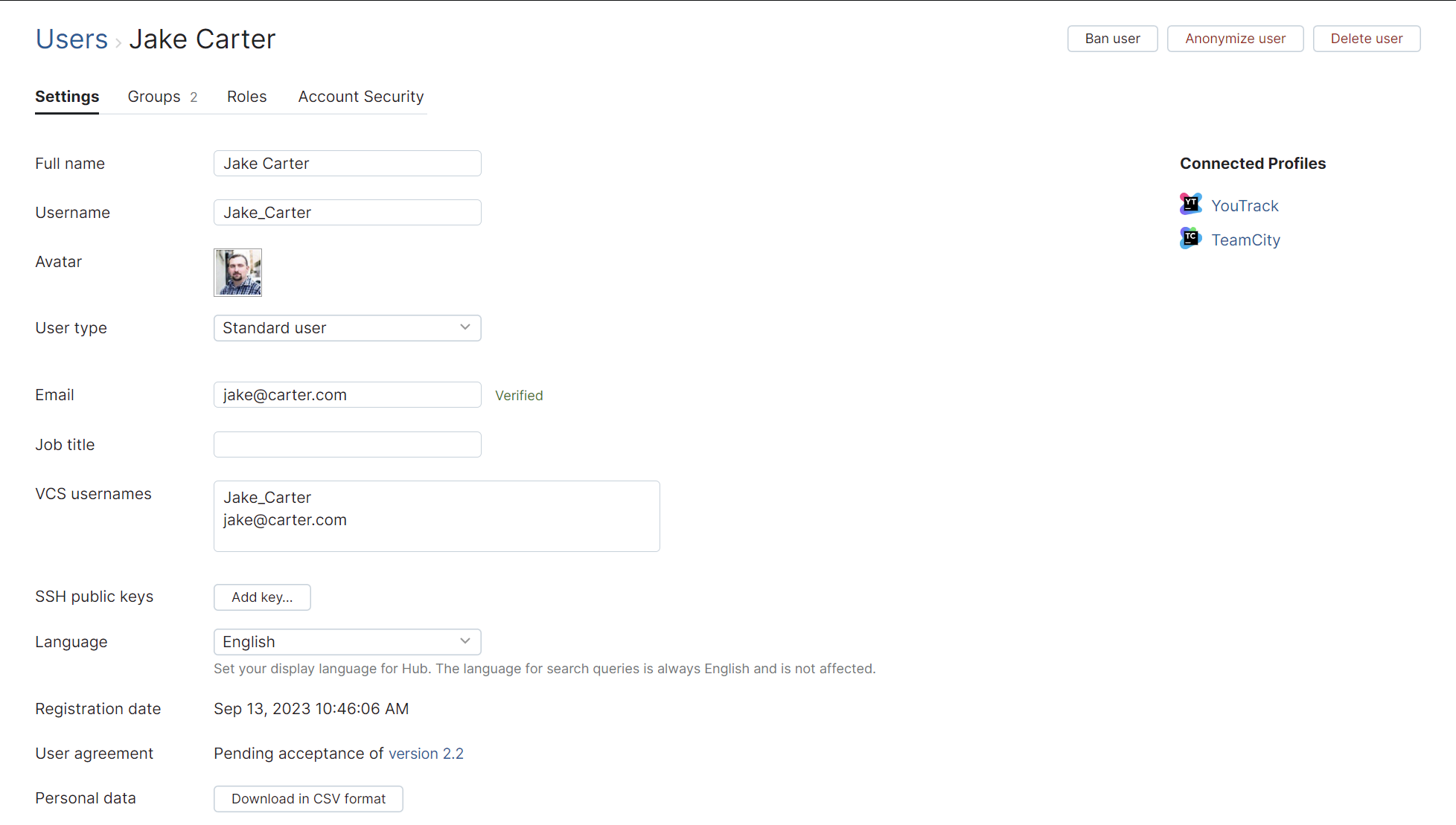 The general settings for a user profile in Hub.