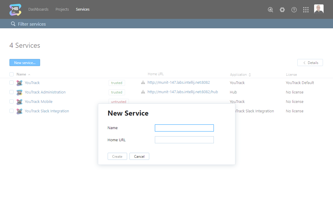 a dialog for adding a new service to Hub