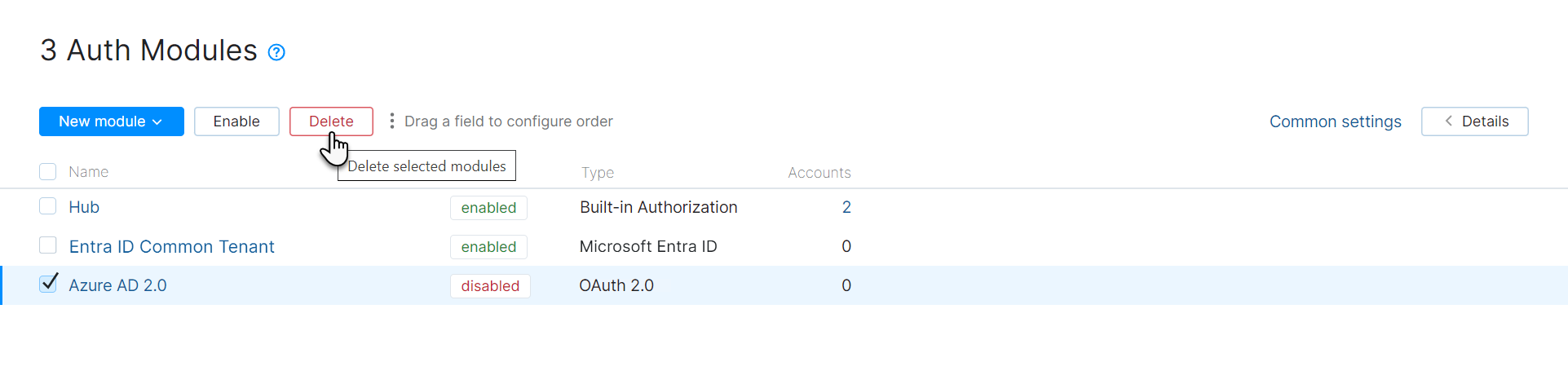 Option to delete the selected authentication module.