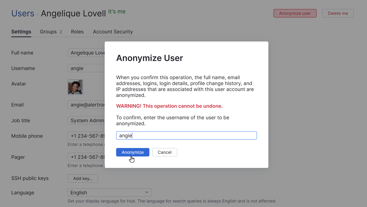 Anonymize user confirmation dialog. Anonymize user confirmation dialog.