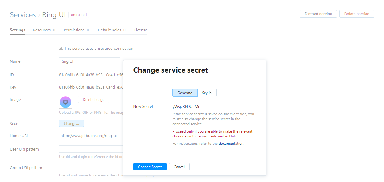 Change service secret dialog Change service secret dialog