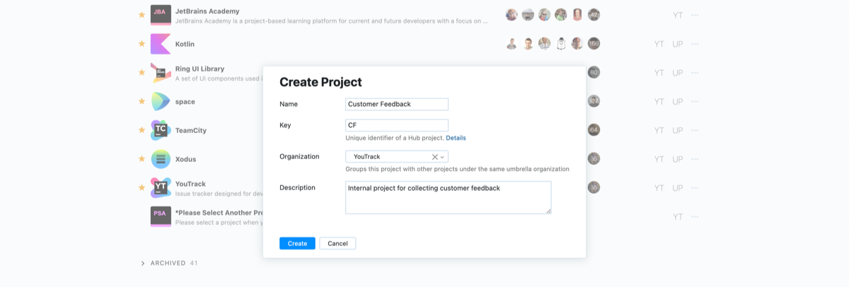 Create project dialog Create project dialog