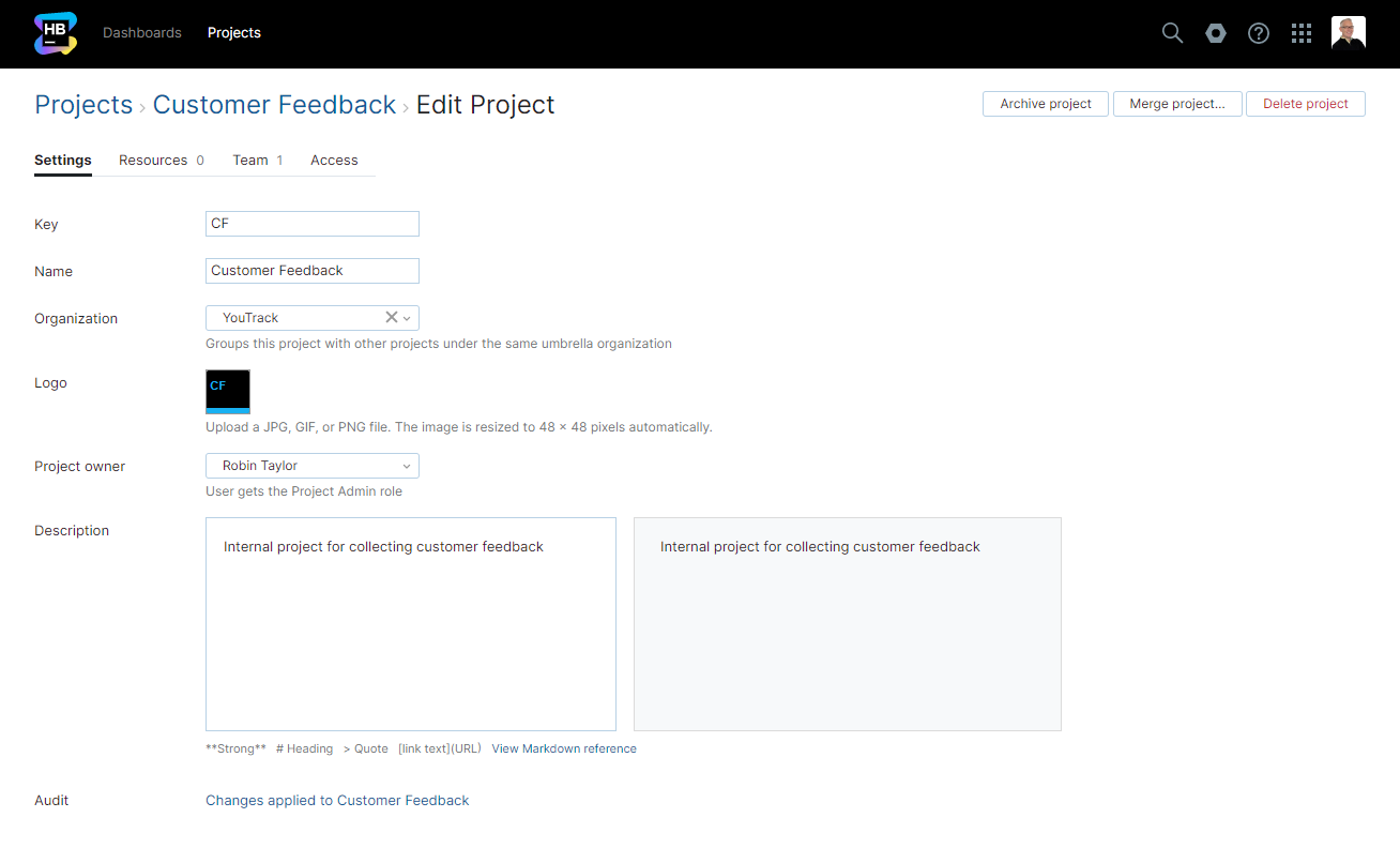 Hub project settings page. Hub project settings page.