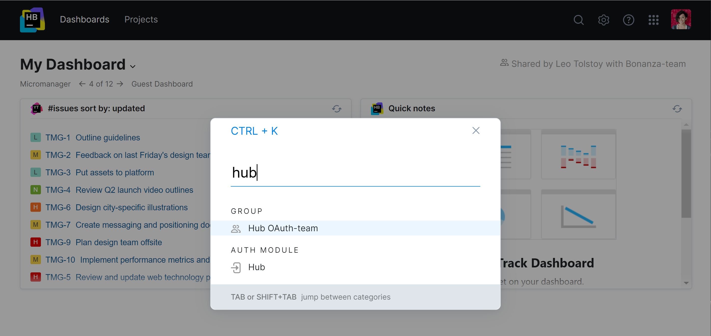 The global navigation dialog in Hub. The global navigation dialog in Hub.