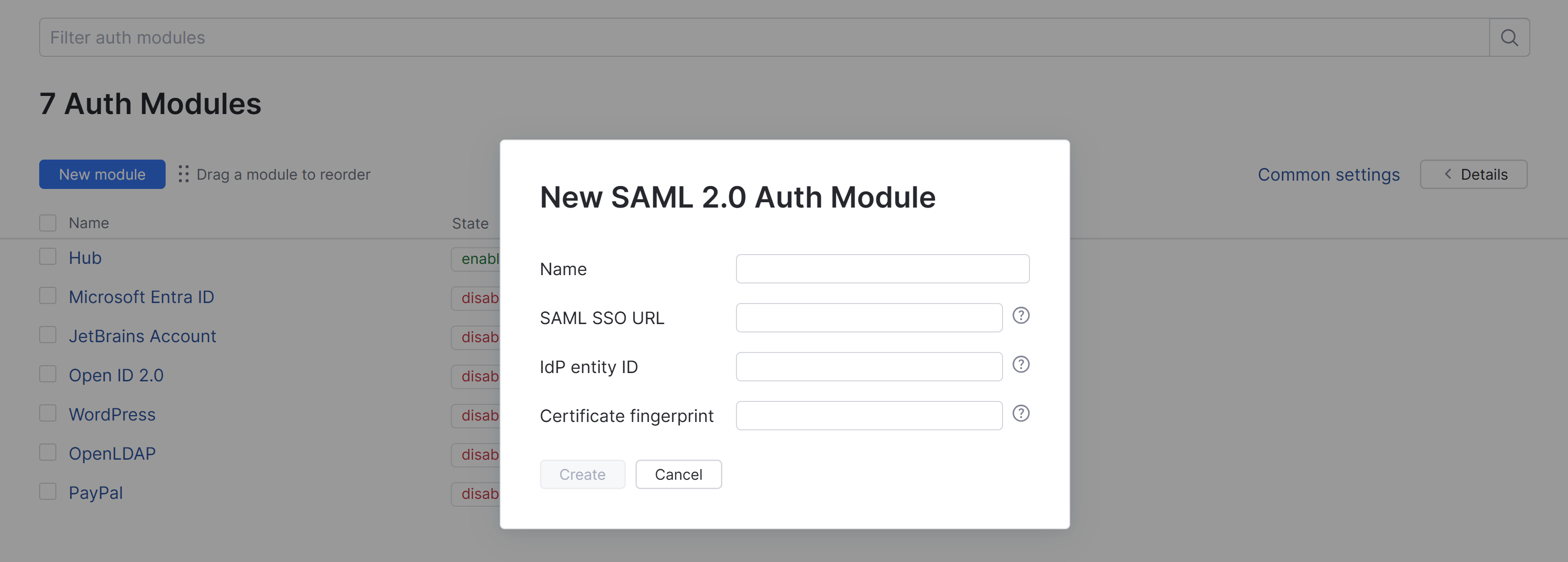 The new SAML auth module dialog. The new SAML auth module dialog.