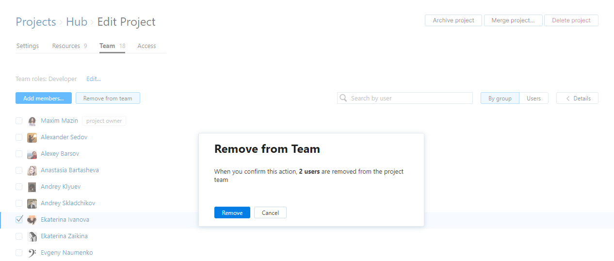 Remove from team Remove from team