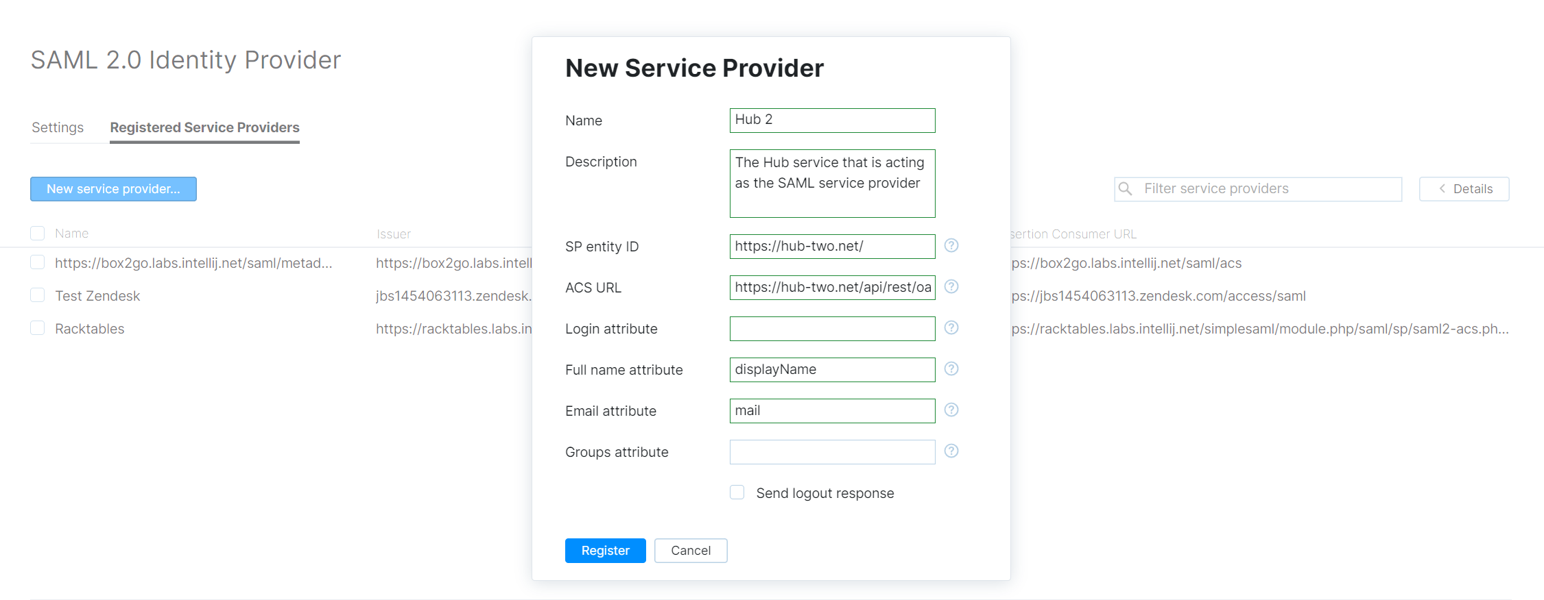 Registration of the second Hub service as SAML SP. Registration of the second Hub service as SAML SP.