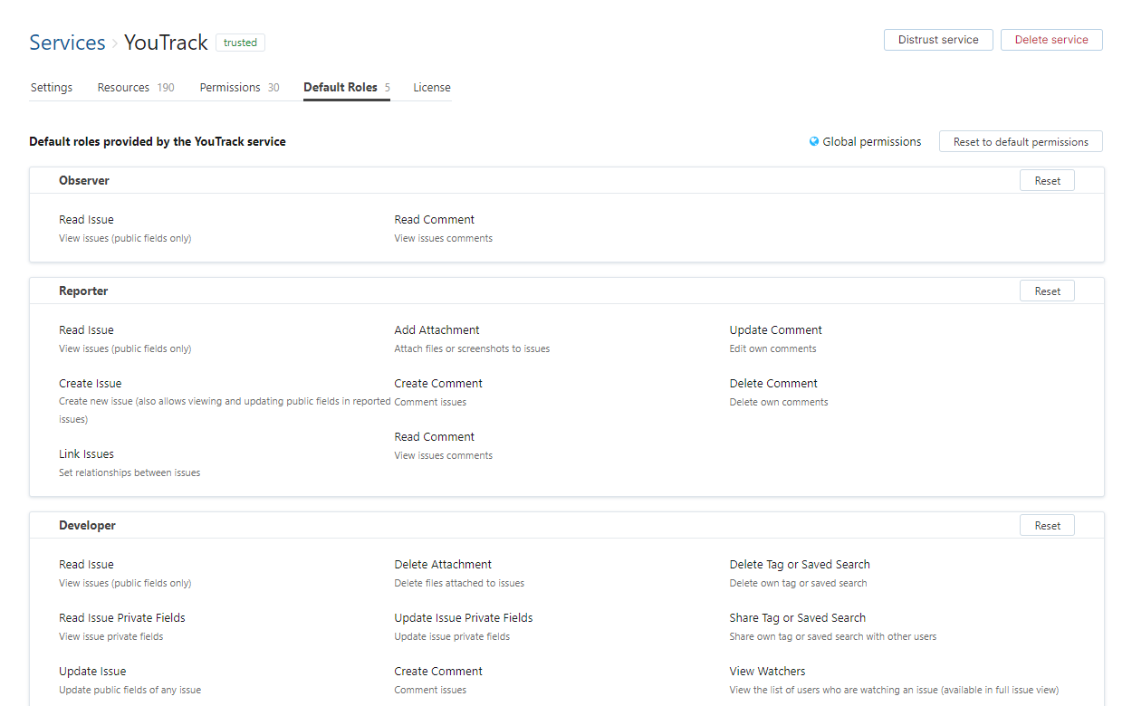 Service default roles tab Service default roles tab