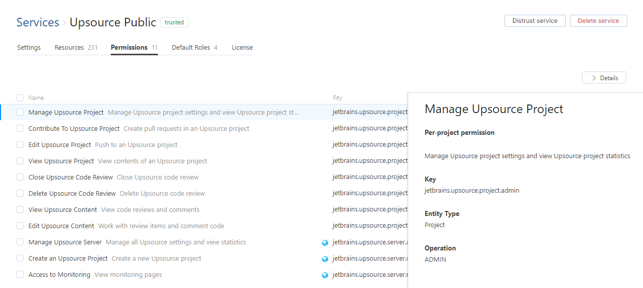 Service permissions tab Service permissions tab