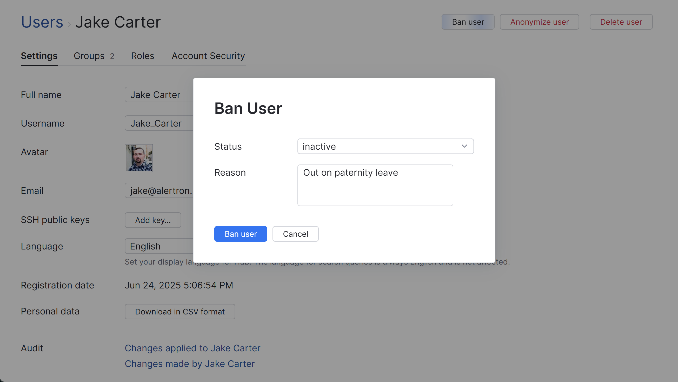 The Ban User dialog. The Ban User dialog.
