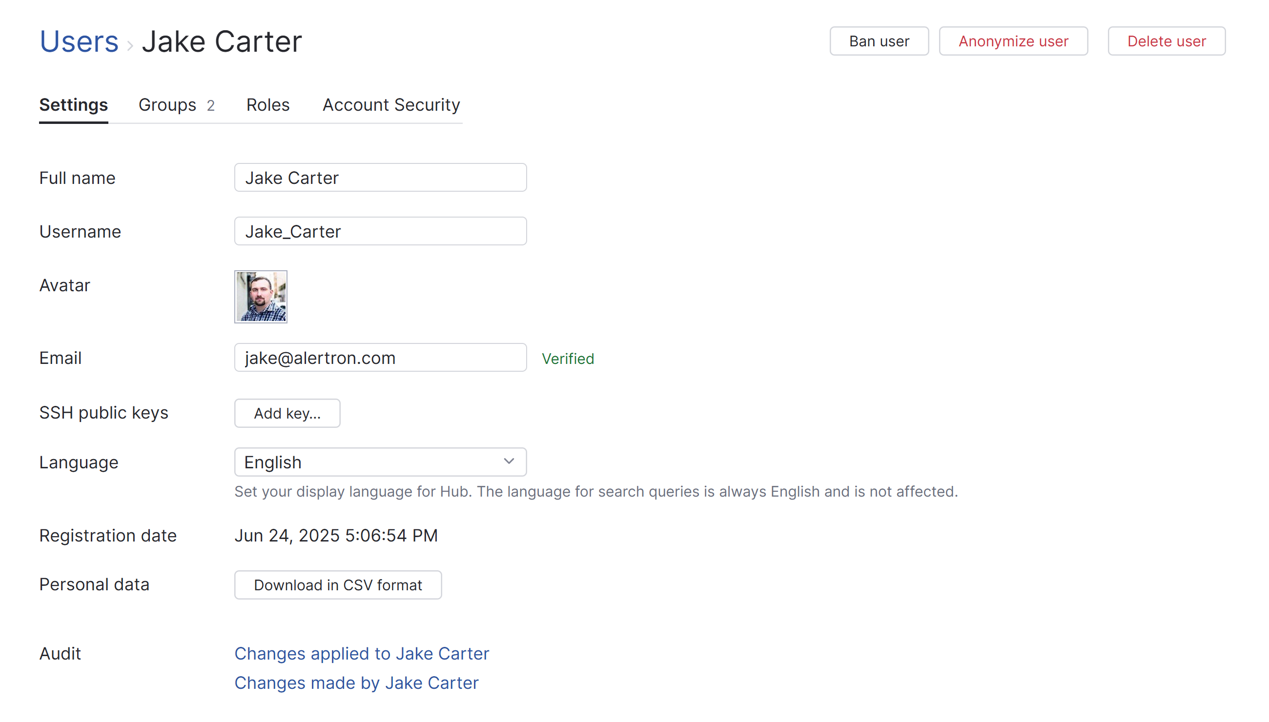 The general settings for a user profile in Hub. The general settings for a user profile in Hub.