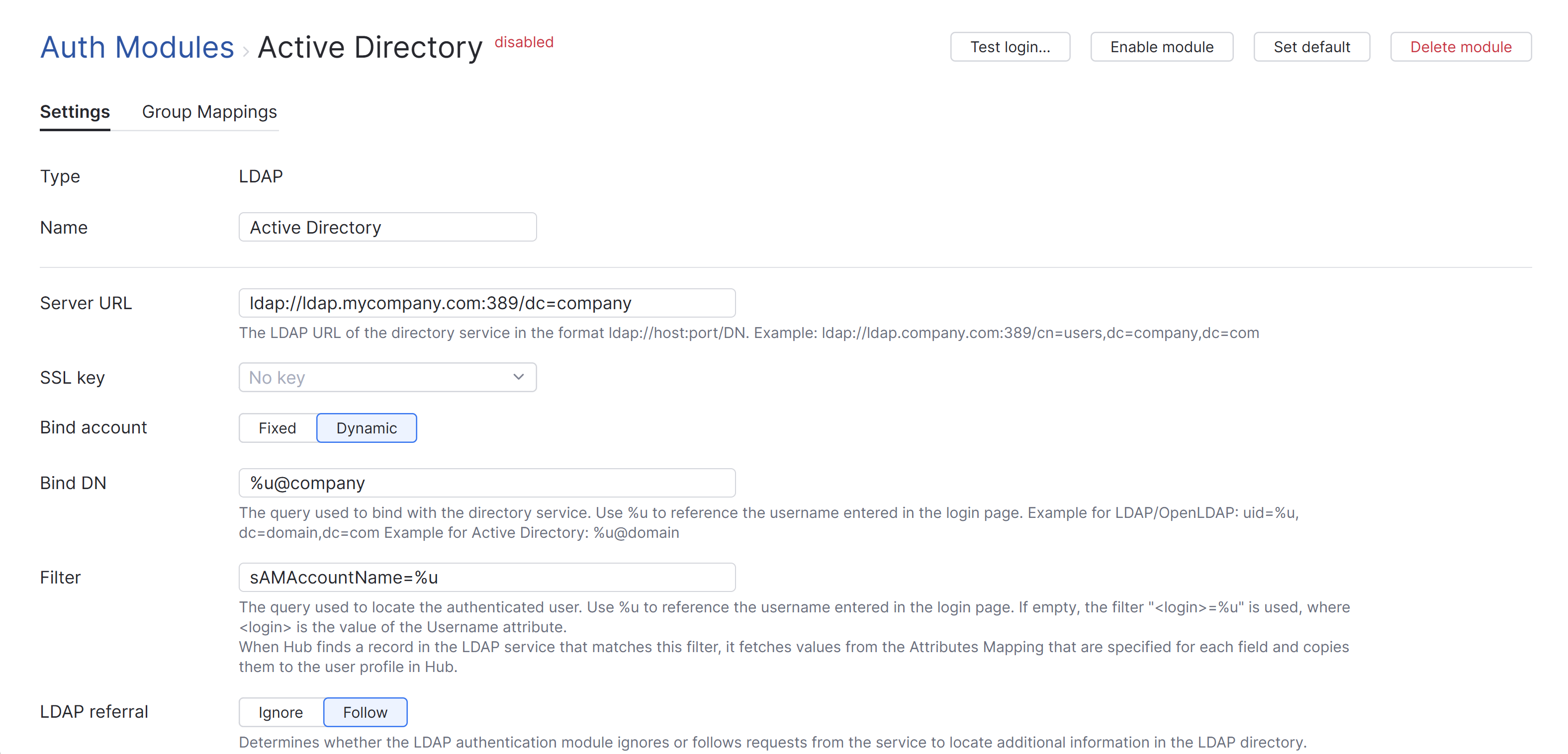 Active Directory auth module settings Active Directory auth module settings