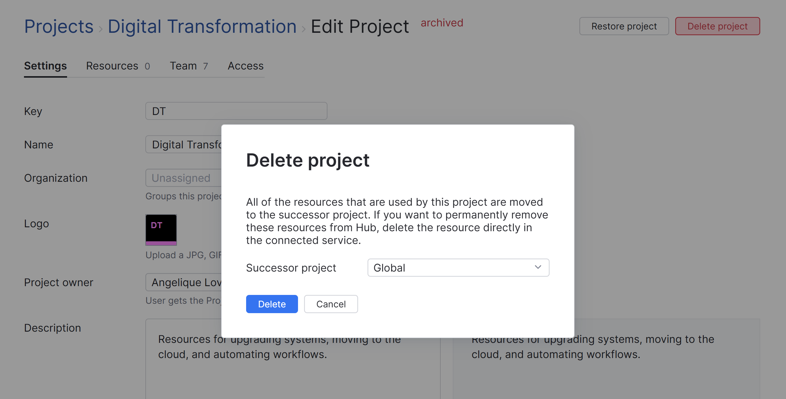Delete project dialog Delete project dialog