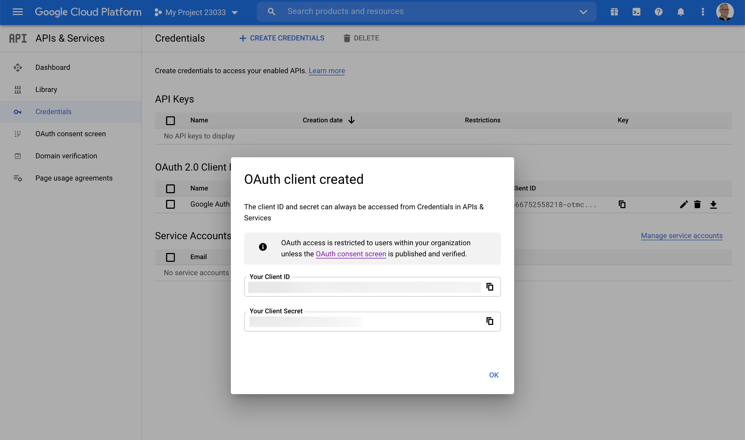 Confirmation message for Google OAuth client creation. Confirmation message for Google OAuth client creation.