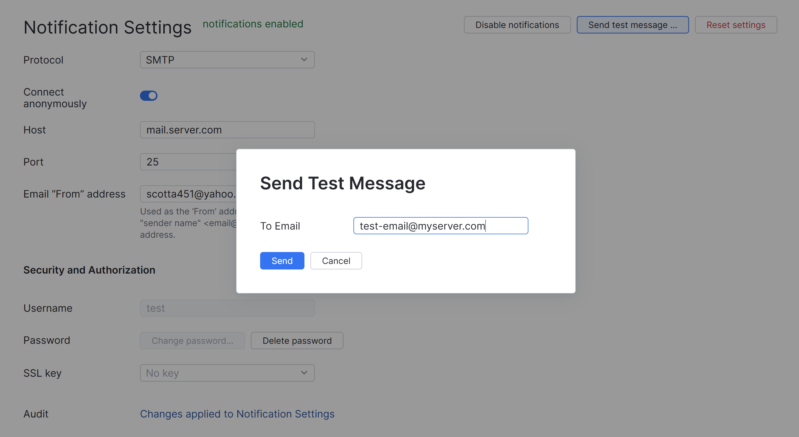 The Send Test Message dialog. The Send Test Message dialog.