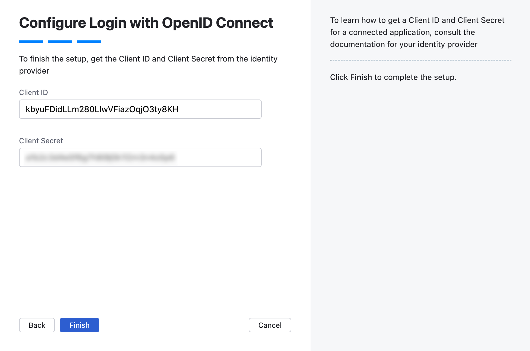 Wizard step for Client ID and Client secret.