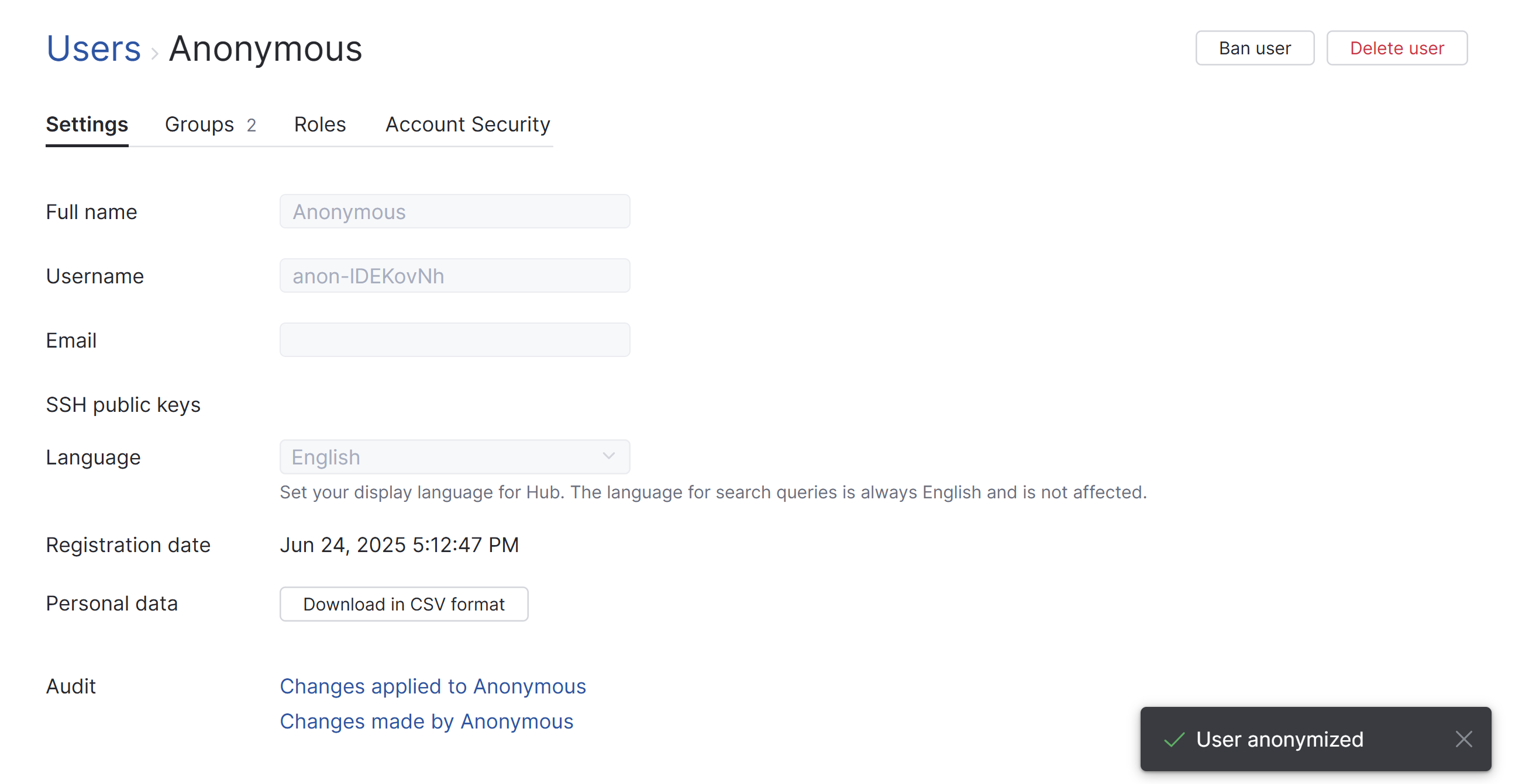 An anonymized user account. An anonymized user account.