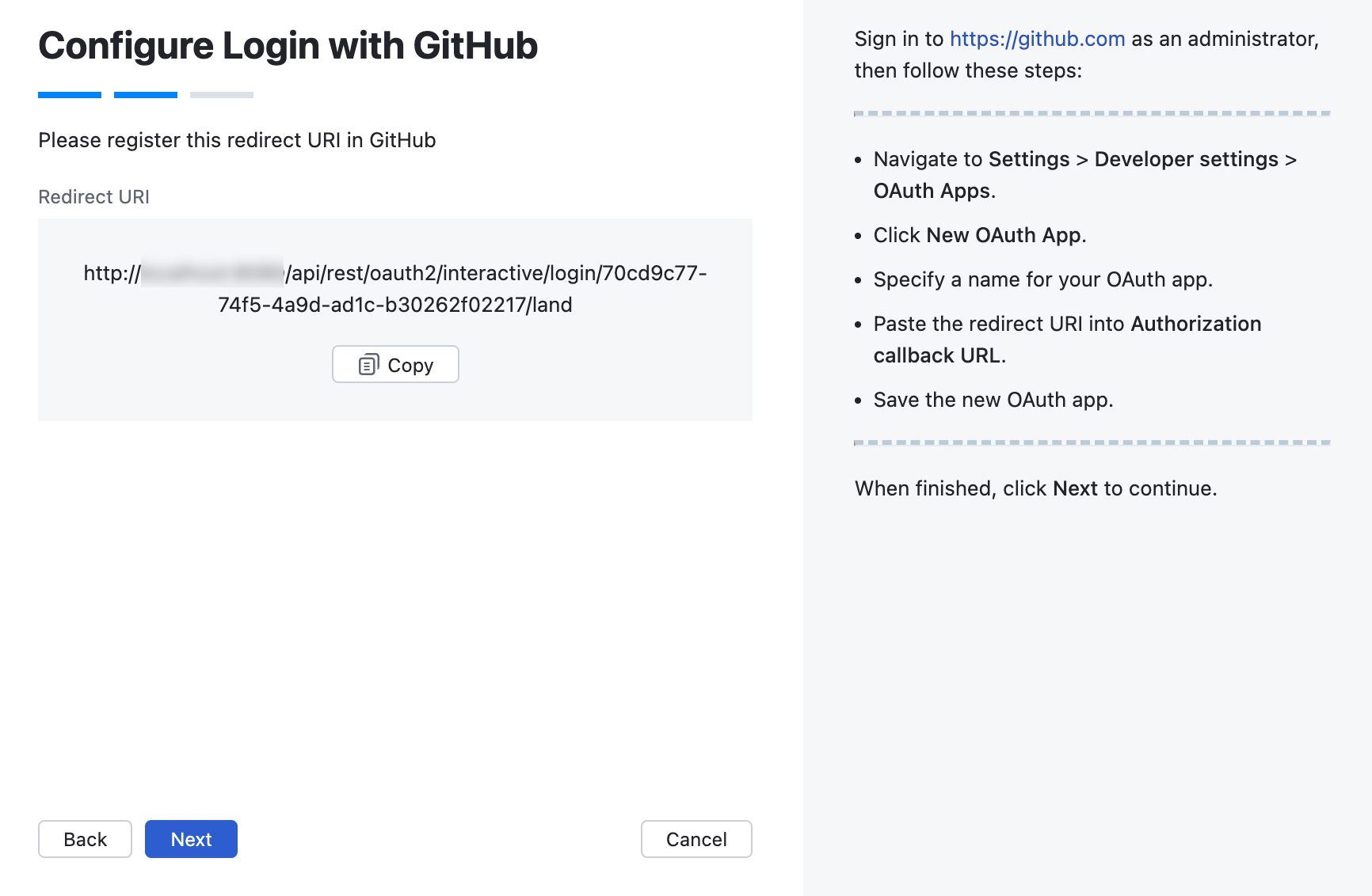 Wizard step with the GitHub redirect URI.