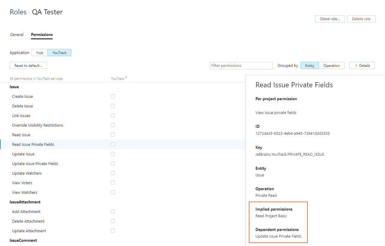 Details sidebar showing the implied and dependent permissions for the Read Issue Private Fields permission. Details sidebar showing the implied and dependent permissions for the Read Issue Private Fields permission.