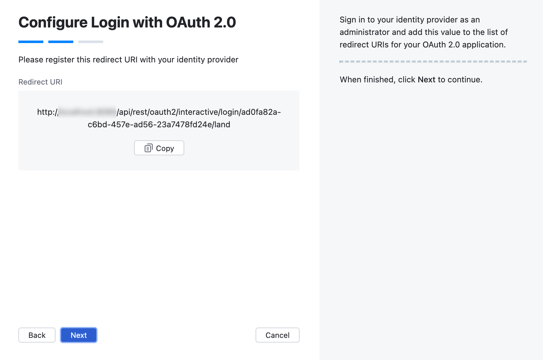 Wizard step with the OAuth 2.0 redirect URI.