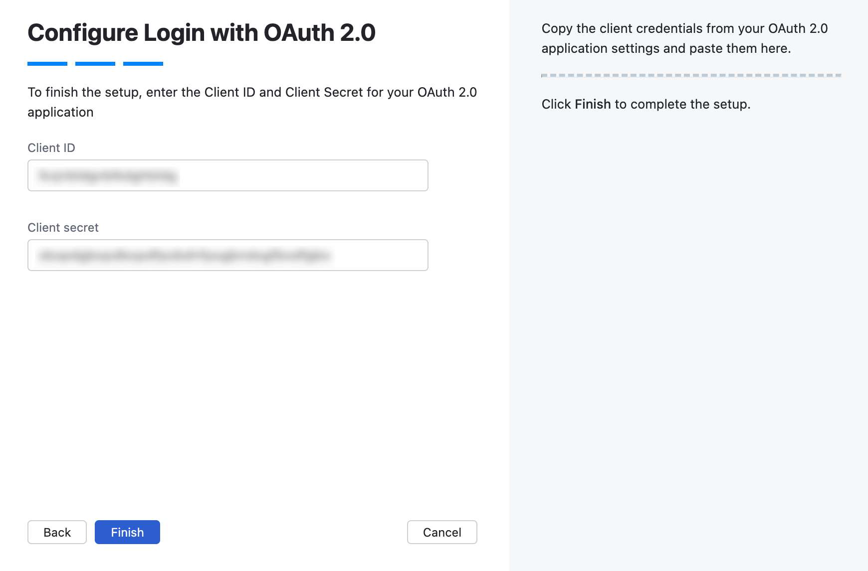 Wizard step for Client ID and Client secret.