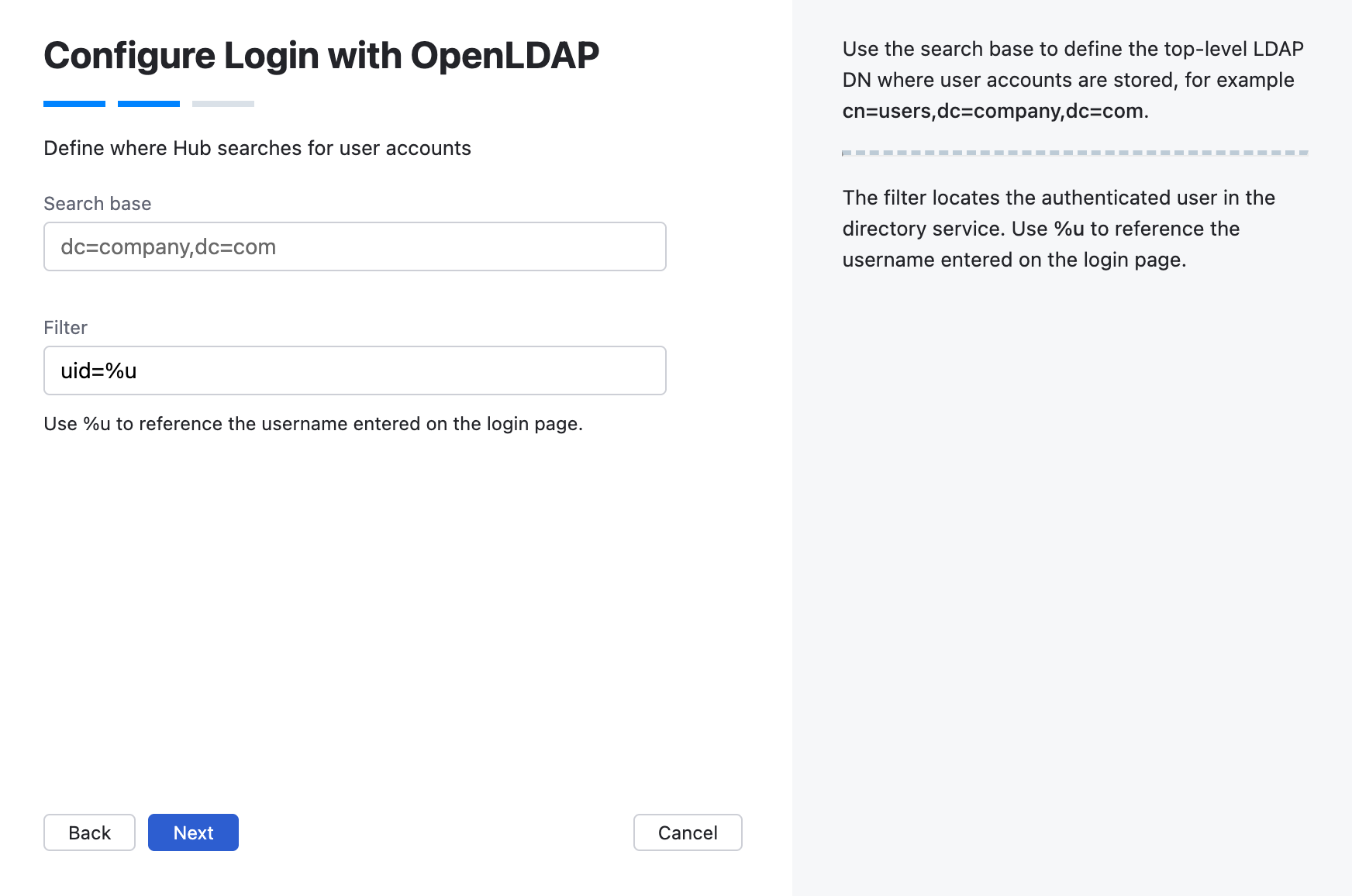 Wizard step for LDAP search base and filter.