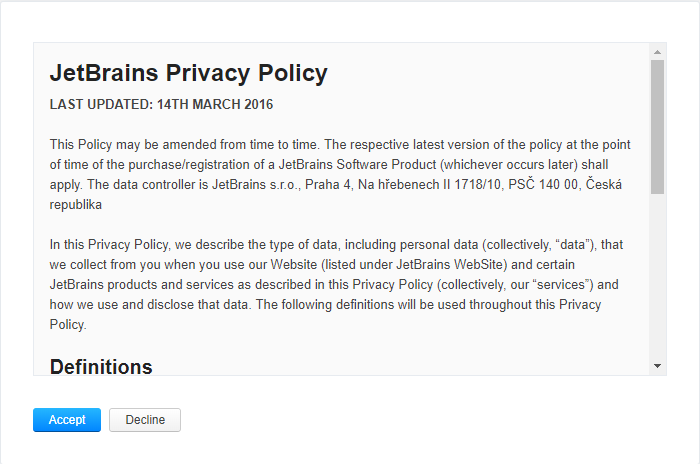User agreement dialog User agreement dialog