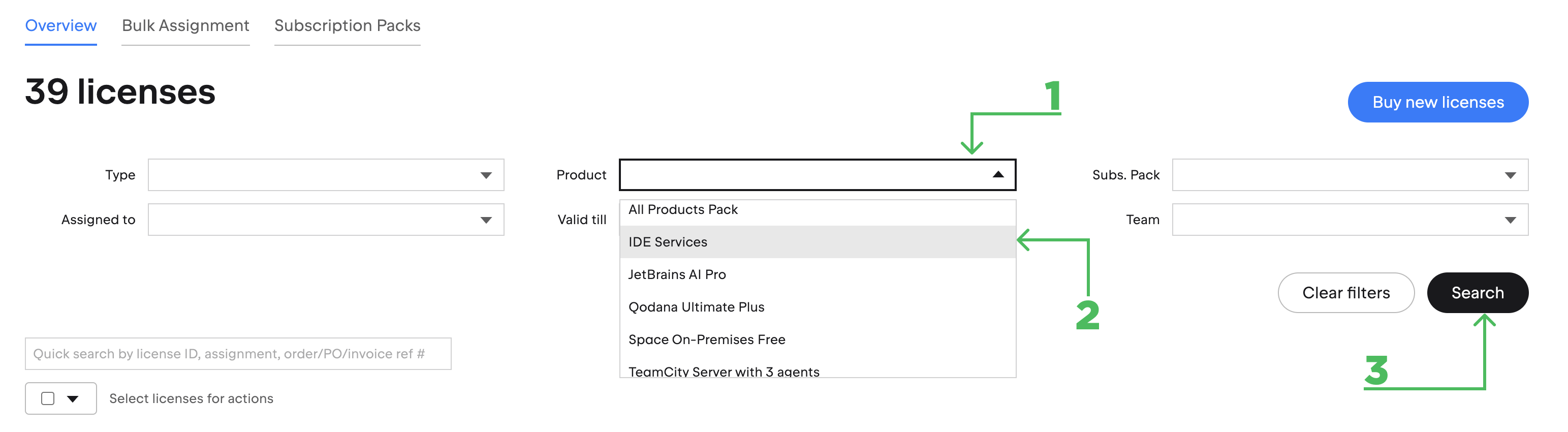 Using the license filter to locate your IDE Services Cloud license