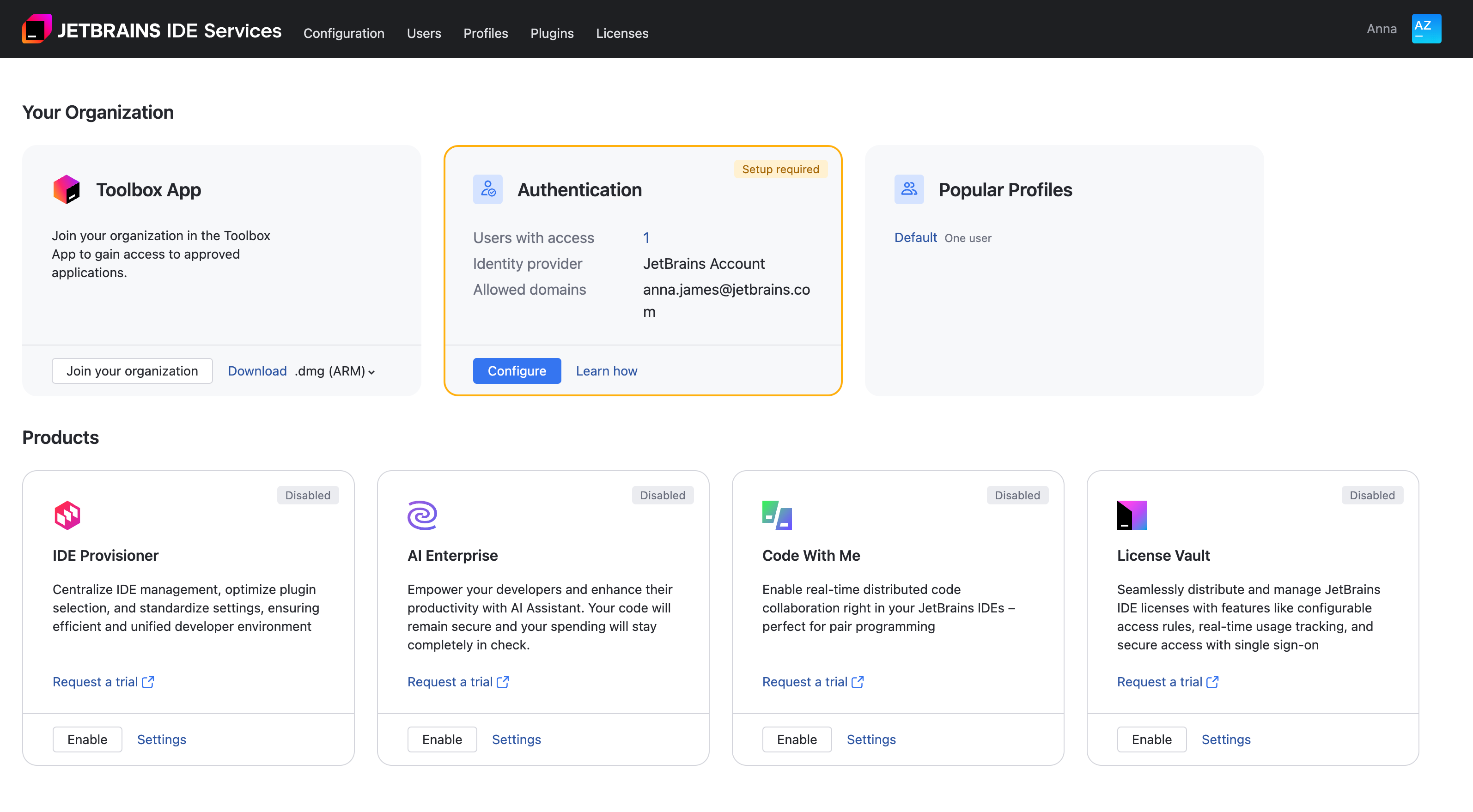 IDE Services dashboard