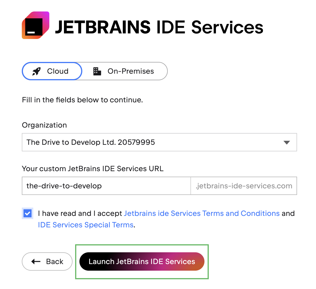 Click Launch JetBrains IDE Services to start your trial