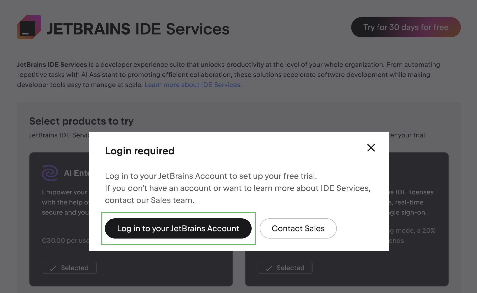 Login to JetBrains Account is required to set up an IDE Services trial