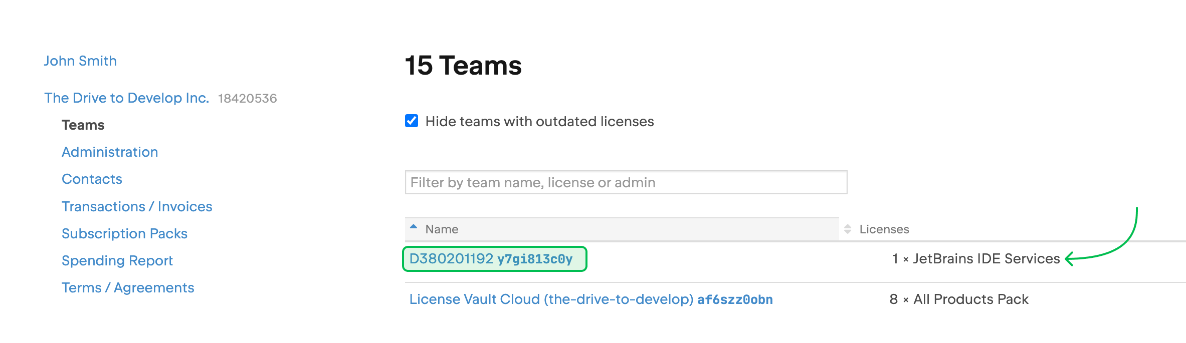 The Teams menu in your JetBrains Account