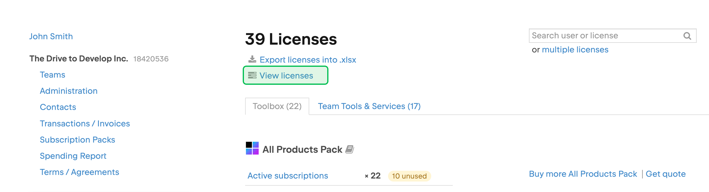 The button to view all your company's licenses in your JetBrains Account