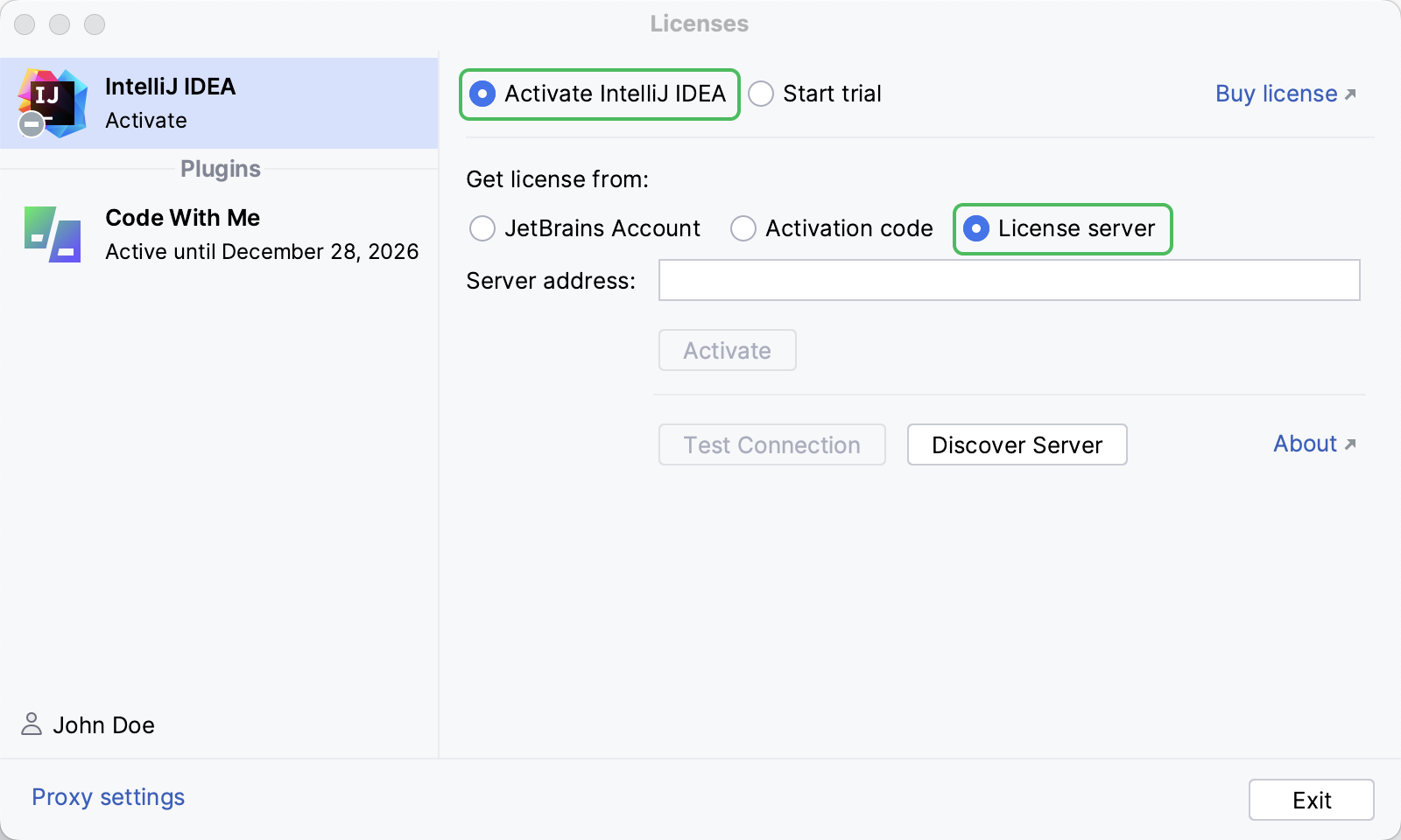 Select the License server activation option