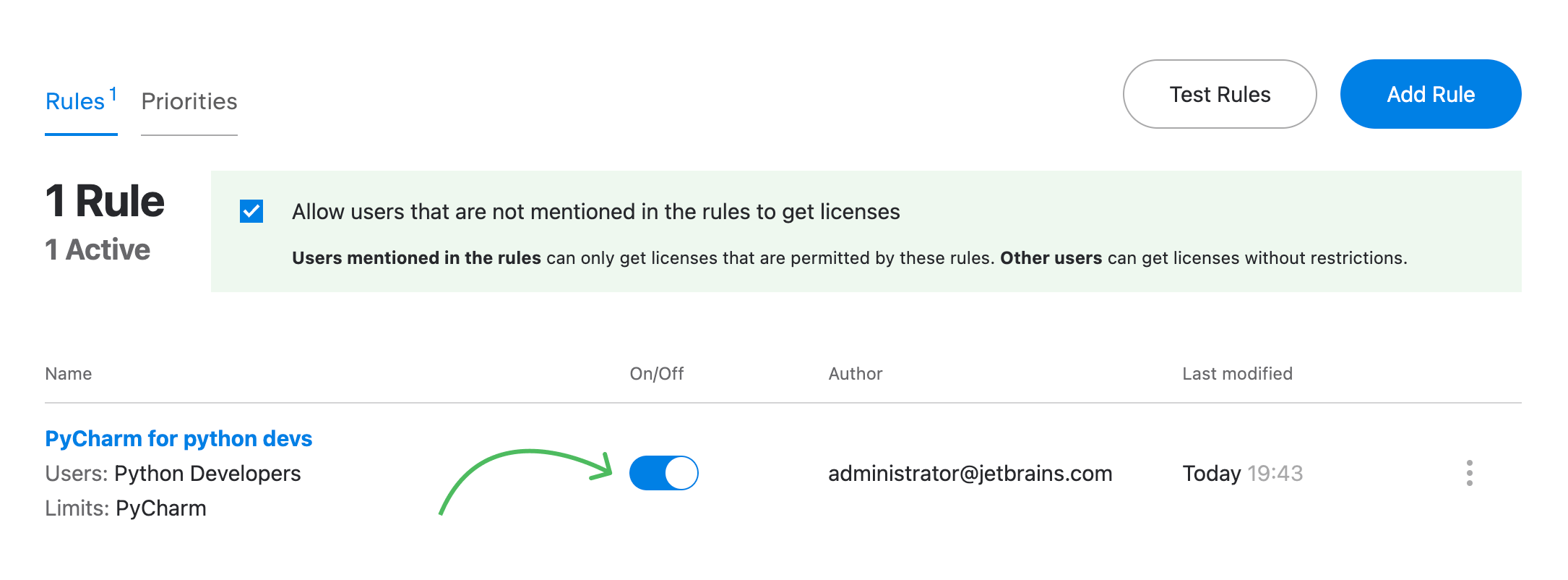 The toggle that enables or disables access rules in IDE Services