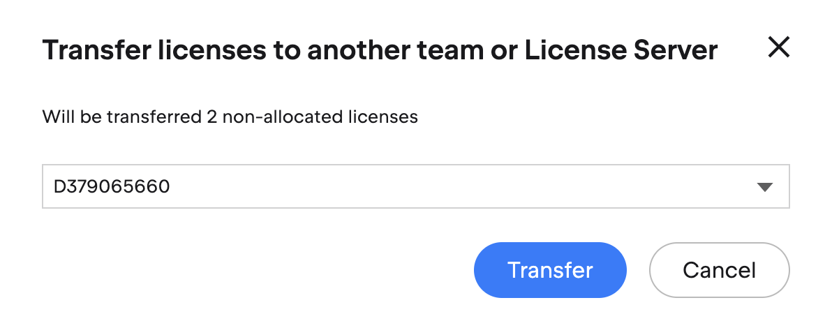 The popup dialog to transfer your licenses to another team