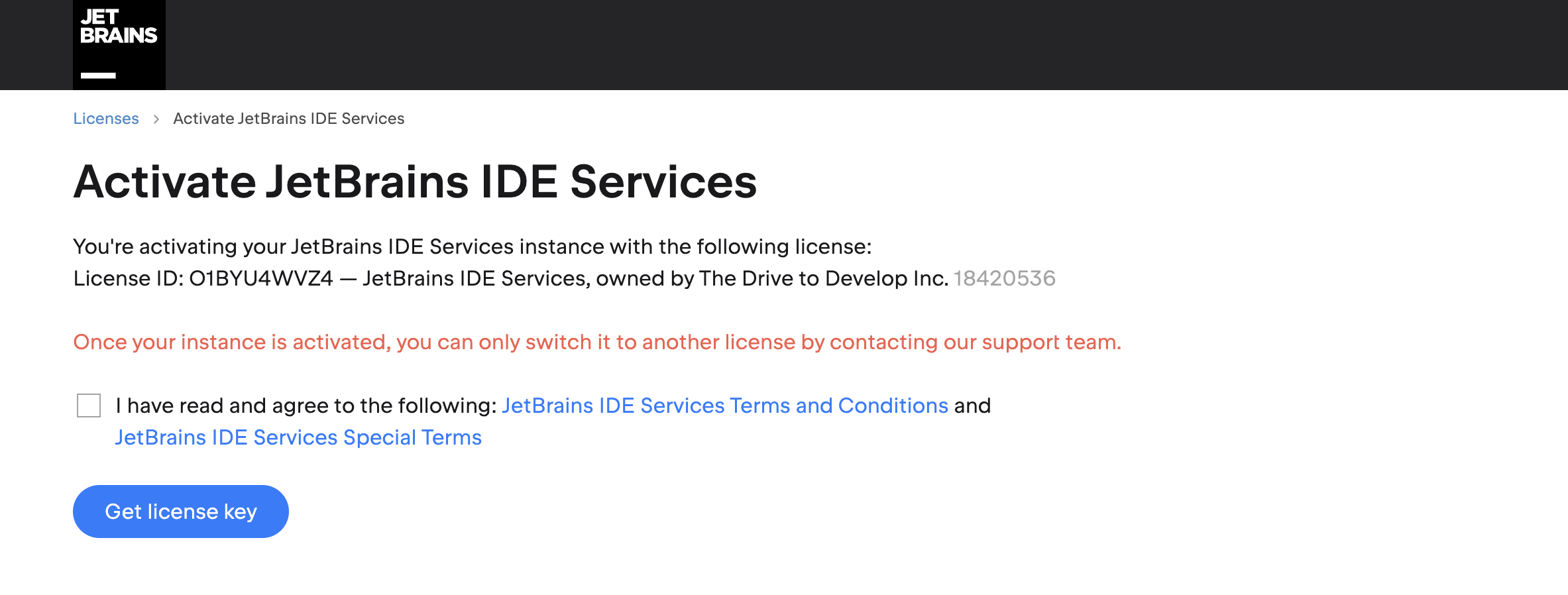 The IDE Services license activation page