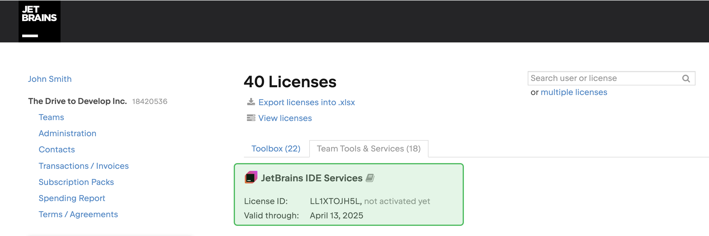 The IDE Services license card in your JetBrains Account