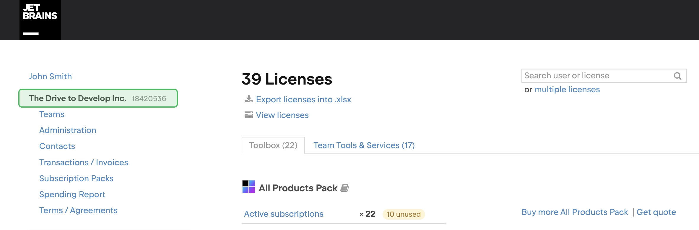 The menu item to access your company's profile from your JetBrains Account