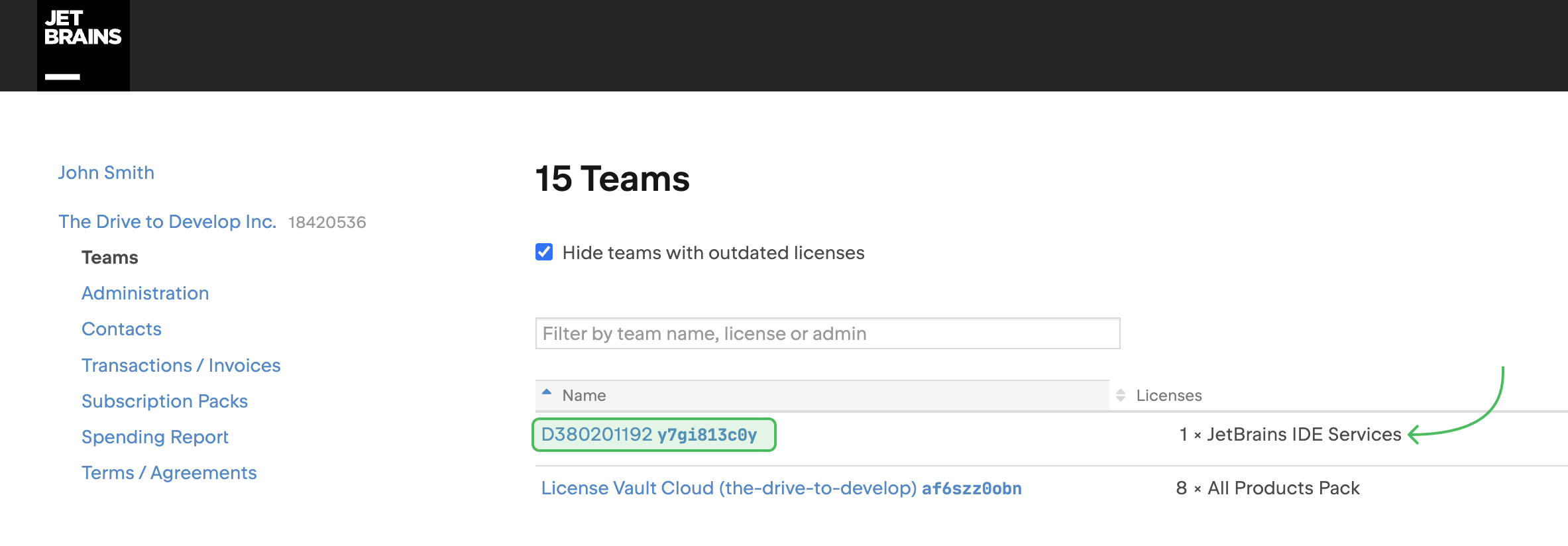 The Teams menu in your JetBrains Account