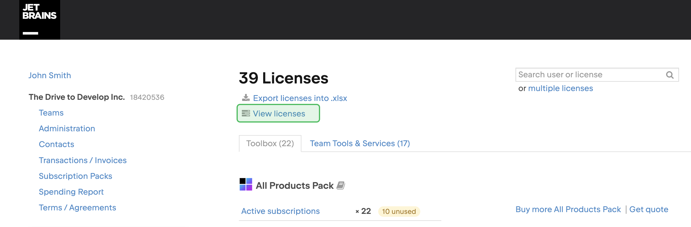 The button to view all your company's licenses in your JetBrains Account