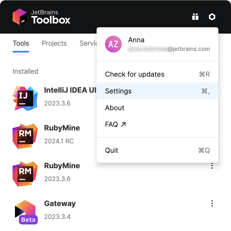 Toolbox App menu