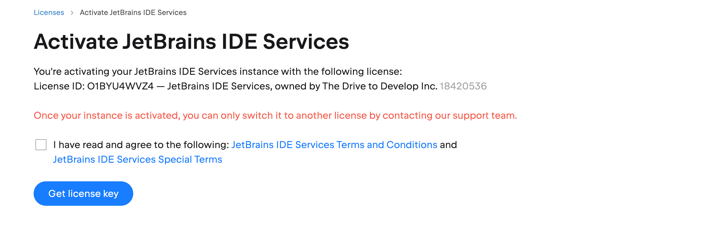 The IDE Services license activation page