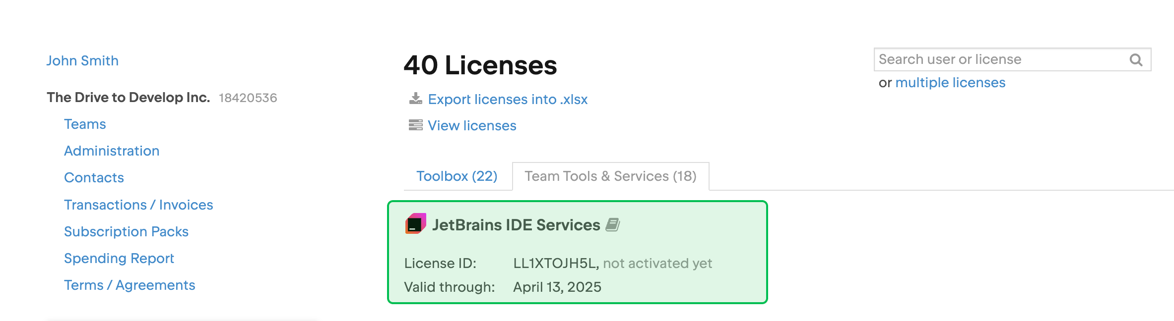 The IDE Services license card in your JetBrains Account