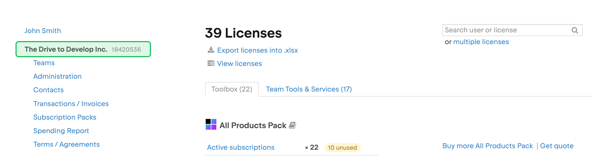 The menu item to access your company's profile from your JetBrains Account