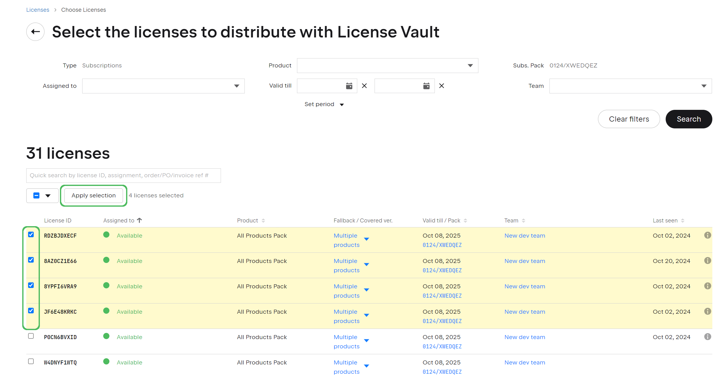 Selection of licenses and the button to transfer the selected ones to License Vault