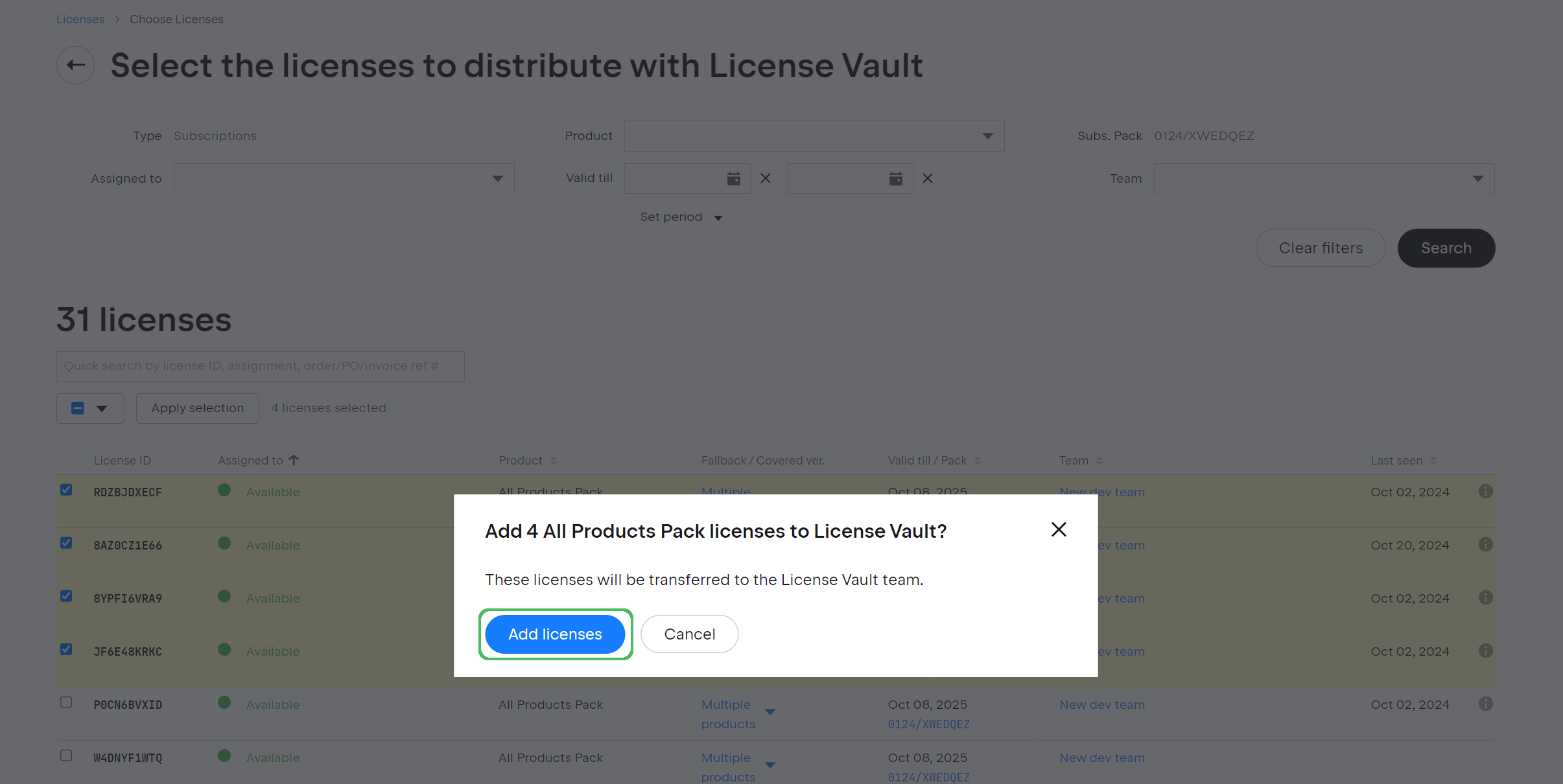 Popup with the button to confirm license transfer